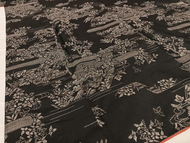 平和屋着物●本場大島紬　カタス9マルキ　風景草花文　黒地　正絹　逸品　AAAX0629zg