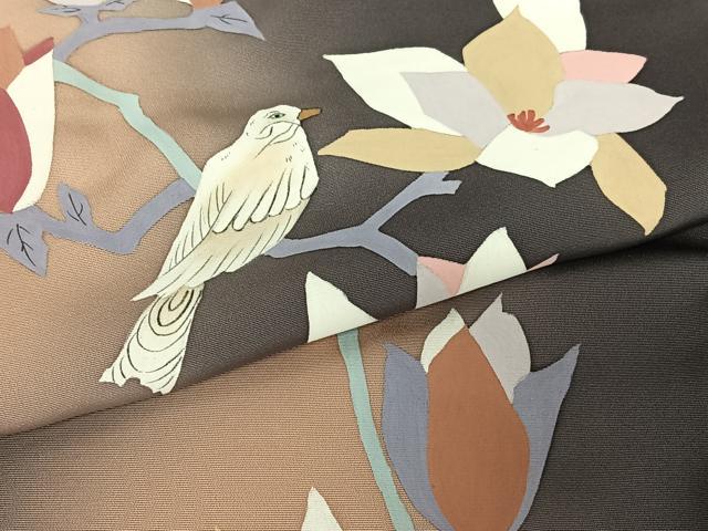 平和屋着物●訪問着　手描き　枝花に休み鳥　暈し染め　正絹　逸品　AAAX0655zg