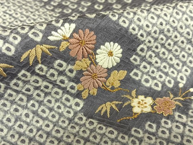 平和屋着物●訪問着　絞り　刺繍　草花文　金糸　正絹　逸品　AAAX0669zg