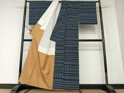 平和屋着物●上質な紬 横段丸文 正絹 逸品 AAAX0714zg