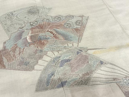 平和屋着物●訪問着 紬地 中国三大刺繍 相良刺繍 舞扇花鳥文 正絹 逸品 未使用 AAAX0739zg