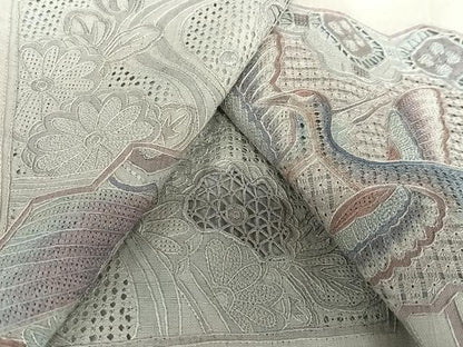 平和屋着物●訪問着 紬地 中国三大刺繍 相良刺繍 舞扇花鳥文 正絹 逸品 未使用 AAAX0739zg