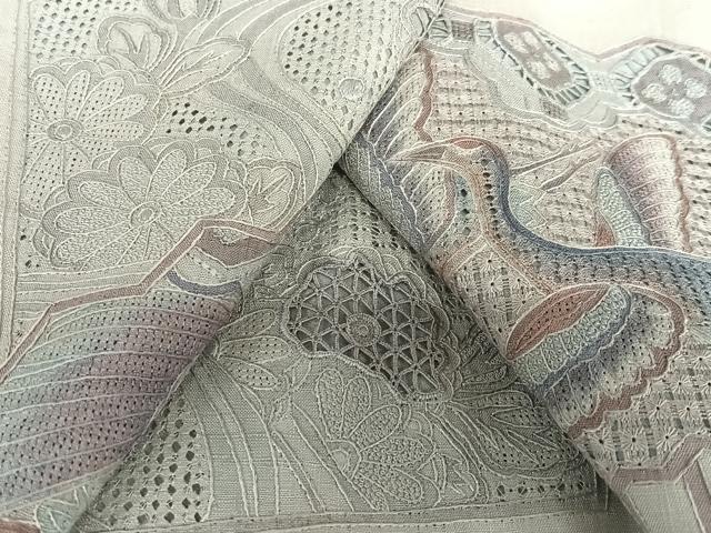 平和屋着物●訪問着 紬地 中国三大刺繍 相良刺繍 舞扇花鳥文 正絹 逸品 未使用 AAAX0739zg