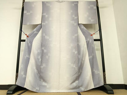 平和屋着物●上質な小紋　変わり市松文様　暈し染め　正絹　逸品　AAAX0785zg