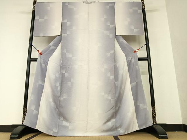 平和屋着物●上質な小紋　変わり市松文様　暈し染め　正絹　逸品　AAAX0785zg