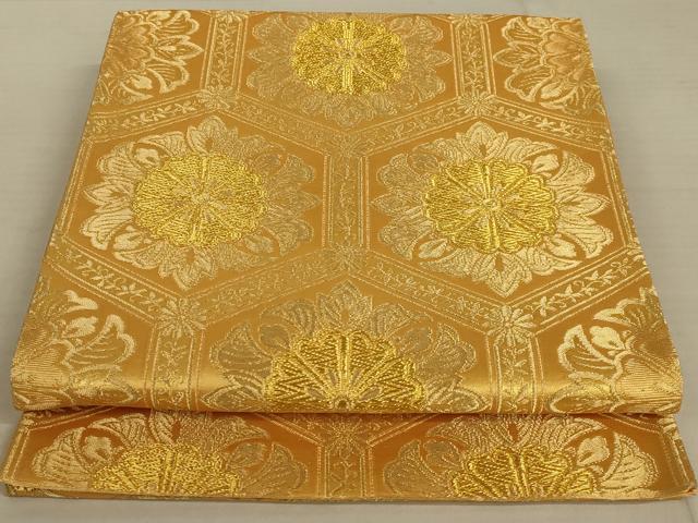 はな　F6二枚セット　古代ゴールド　アクリル 平和屋着物◎六通柄袋帯 亀甲花文 金糸 正絹 逸品 AAAX0824ou