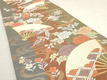 平和屋着物◎六通柄袋帯　唐織　扇面花文　金糸　正絹　逸品　AAAX1129sg