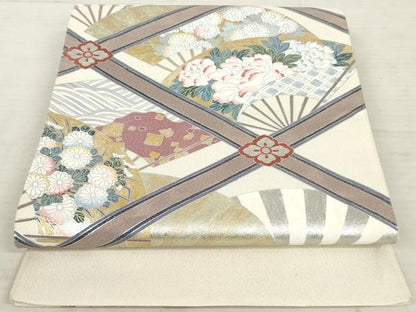 平和屋着物◎太鼓柄袋帯　扇面花文　金銀彩　正絹　逸品　AAAX1146sg