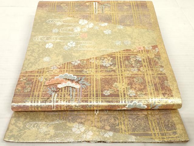 平和屋着物◎六通柄袋帯 唐織 松皮槁格子桜文 金銀糸 正絹 逸品 AAAX1156sg