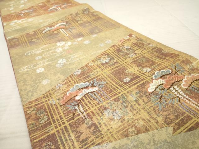 平和屋着物◎六通柄袋帯 唐織 松皮槁格子桜文 金銀糸 正絹 逸品 AAAX1156sg