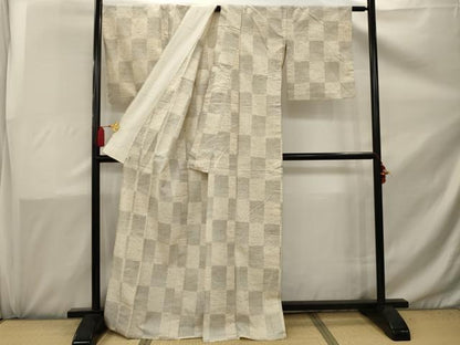 平和屋着物▽ぜんまい紬 単衣 市松文 正絹 逸品 AAAX1625sx