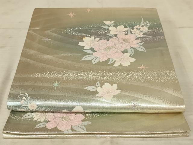 平和屋着物◎六通柄袋帯 流水花文 銀糸 正絹 逸品 AAAX1965ou