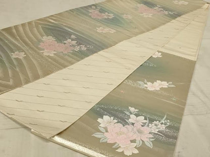 平和屋着物◎六通柄袋帯 流水花文 銀糸 正絹 逸品 AAAX1965ou