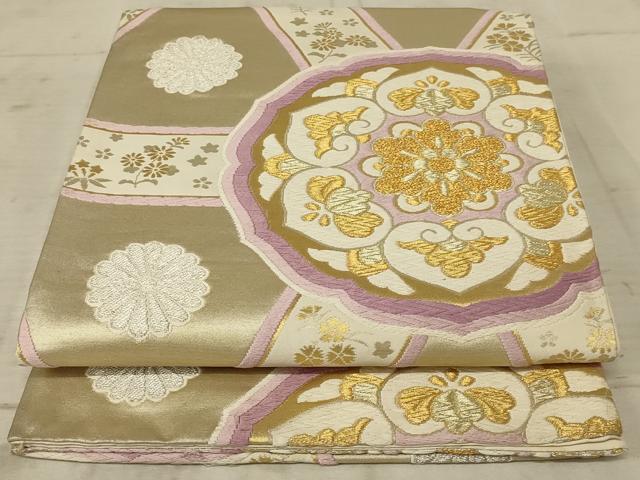 正絹　袋帯　六通柄　唐織　銀糸　正倉院華文 平和屋着物◎六通柄袋帯 唐織 正倉院花鳥華文 金銀糸