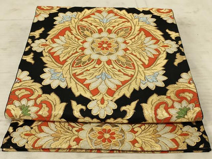 平和屋着物◎六通柄袋帯 みやび錦 更紗花文 黒地 正絹 逸品 AAAX1971ou