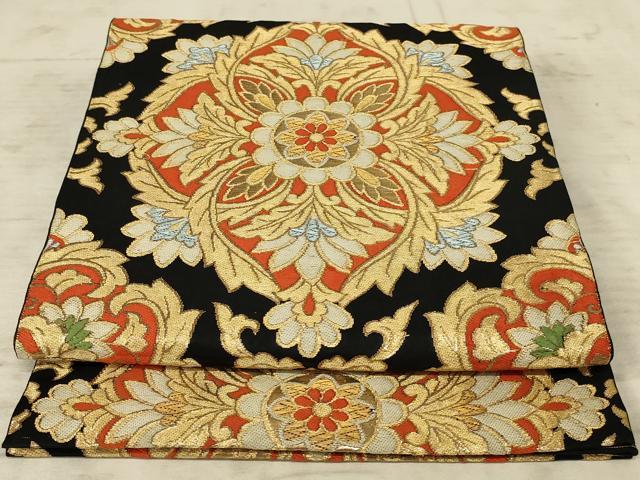 平和屋着物◎六通柄袋帯 みやび錦 更紗花文 黒地 正絹 逸品 AAAX1971ou