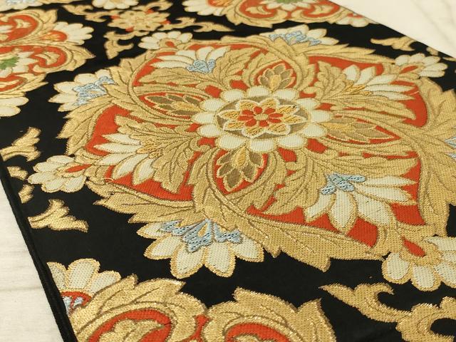 平和屋着物◎六通柄袋帯 みやび錦 更紗花文 黒地 正絹 逸品 AAAX1971ou