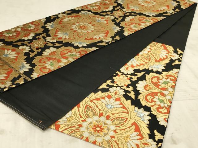 平和屋着物◎六通柄袋帯 みやび錦 更紗花文 黒地 正絹 逸品 AAAX1971ou