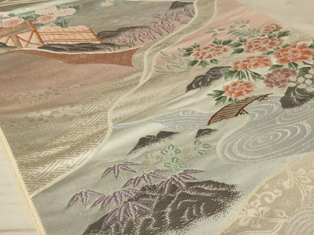 平和屋着物◎西陣 六通柄袋帯 唐織 古典錦 流水花文 プラチナ三重箔 正絹 逸品 AAAX1982ou