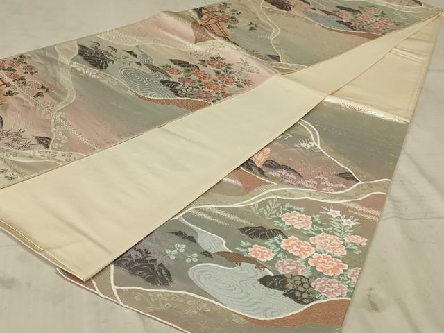 平和屋着物◎西陣 六通柄袋帯 唐織 古典錦 流水花文 プラチナ三重箔 正絹 逸品 AAAX1982ou