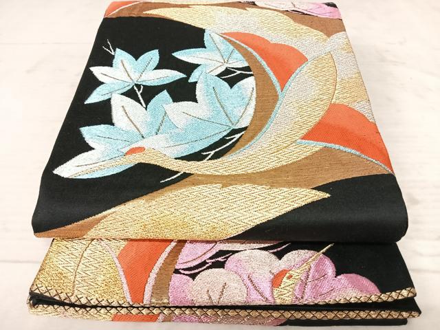 平和屋着物◎六通柄袋帯 唐織 幾何学花文 黒地 金銀糸 正絹 逸品 AAAX3094yx