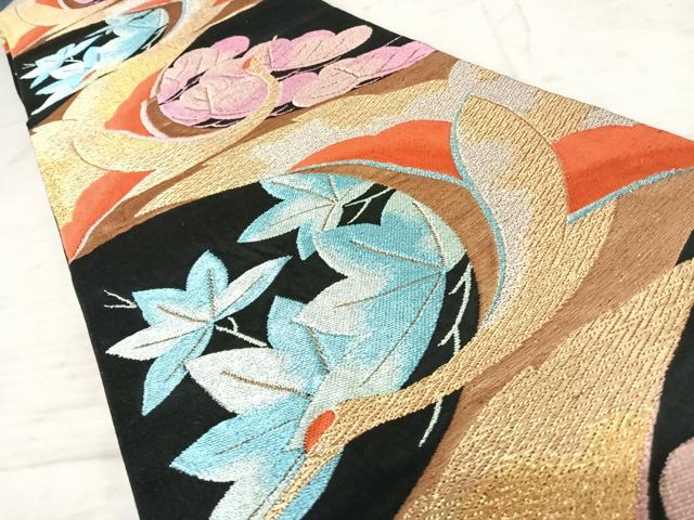 平和屋着物◎六通柄袋帯 唐織 幾何学花文 黒地 金銀糸 正絹 逸品 AAAX3094yx