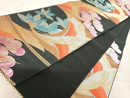 平和屋着物◎六通柄袋帯 唐織 幾何学花文 黒地 金銀糸 正絹 逸品 AAAX3094yx