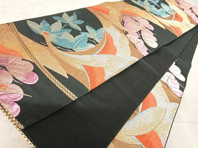 平和屋着物◎六通柄袋帯 唐織 幾何学花文 黒地 金銀糸 正絹 逸品 AAAX3094yx