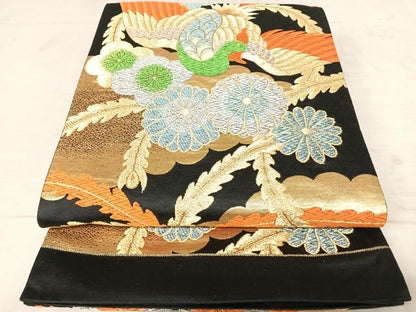 平和屋着物◎六通柄袋帯 唐織 鳳凰花文 黒地 金銀糸 正絹 逸品 AAAX3096yx