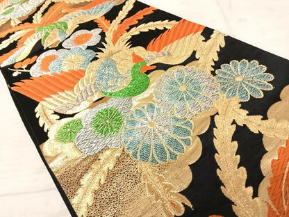 平和屋着物◎六通柄袋帯 唐織 鳳凰花文 黒地 金銀糸 正絹 逸品 AAAX3096yx