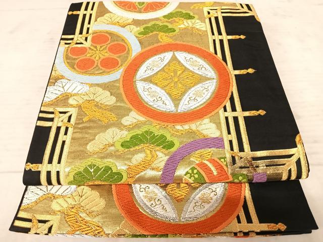 平和屋着物◎六通柄袋帯 唐織 吉祥花文 黒地 金銀糸 正絹 逸品 AAAX3098yx