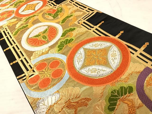 平和屋着物◎六通柄袋帯 唐織 吉祥花文 黒地 金銀糸 正絹 逸品 AAAX3098yx