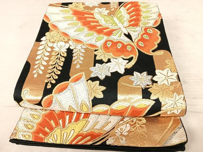 平和屋着物◎六通柄袋帯 小袖調堂垂舞蝶 黒地 金糸 正絹 逸品 AAAX3105yx