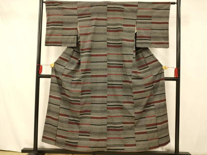 平和屋着物■上質なお召　横段文　黒地　正絹　逸品　AAAX3369fw
