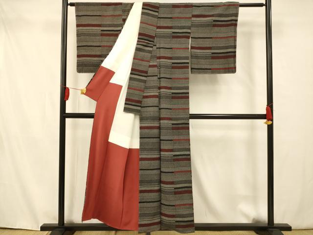 平和屋着物■上質なお召　横段文　黒地　正絹　逸品　AAAX3369fw
