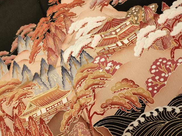 平和屋着物■豪華黒留袖　駒刺繍　風景文　金糸　金彩　正絹　逸品　AAAX3384fw
