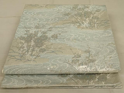 平和屋着物◎六通柄袋帯 流水花文 銀糸 正絹 逸品 AAAX3490ou