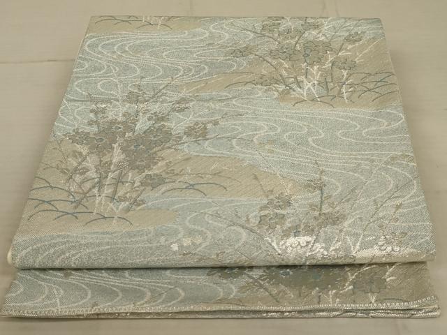 平和屋着物◎六通柄袋帯 流水花文 銀糸 正絹 逸品 AAAX3490ou