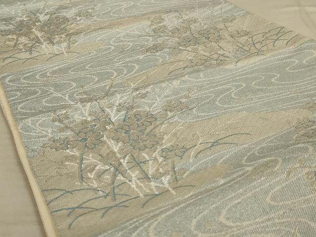 平和屋着物◎六通柄袋帯 流水花文 銀糸 正絹 逸品 AAAX3490ou