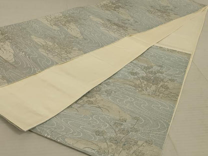 平和屋着物◎六通柄袋帯 流水花文 銀糸 正絹 逸品 AAAX3490ou