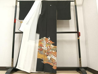 平和屋着物■豪華黒留袖　松竹梅花鳥文　金彩　正絹　逸品　AAAX3534ph