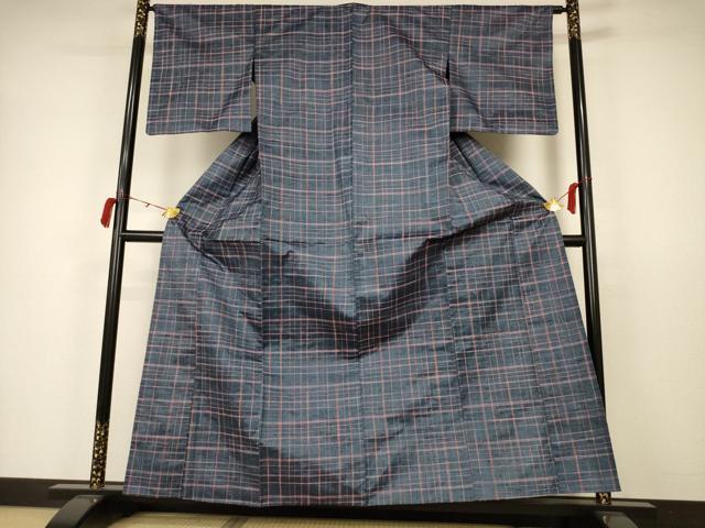 平和屋着物▽上質な紬　単衣　格子　正絹　逸品　AAAX3847jd