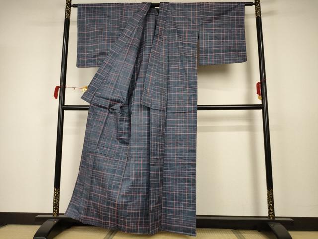 平和屋着物▽上質な紬　単衣　格子　正絹　逸品　AAAX3847jd
