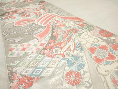 平和屋着物◎六通柄袋帯　唐織　束ね熨斗鳳凰花文　銀糸　正絹　逸品　AAAX4017sg