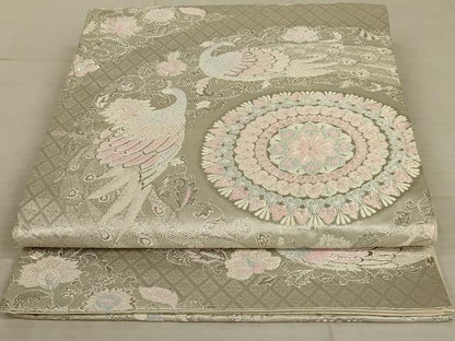 平和屋着物◎六通柄袋帯　唐織　宝飾孔雀華文　プラチナ箔　銀糸　正絹　逸品　AAAX4224ou