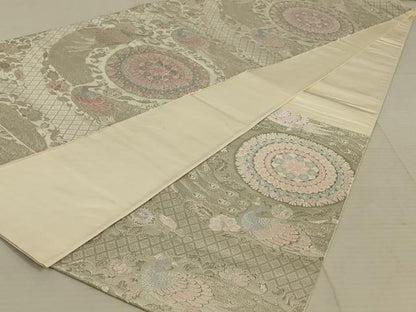 平和屋着物◎六通柄袋帯　唐織　宝飾孔雀華文　プラチナ箔　銀糸　正絹　逸品　AAAX4224ou