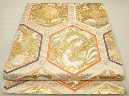 平和屋着物▼六通柄袋帯　亀甲花鳥文　金銀糸　正絹　逸品　AAAX4642wj