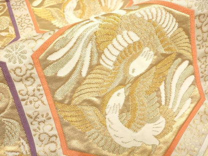平和屋着物▼六通柄袋帯　亀甲花鳥文　金銀糸　正絹　逸品　AAAX4642wj