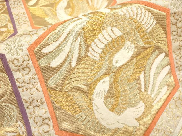 平和屋着物▼六通柄袋帯　亀甲花鳥文　金銀糸　正絹　逸品　AAAX4642wj