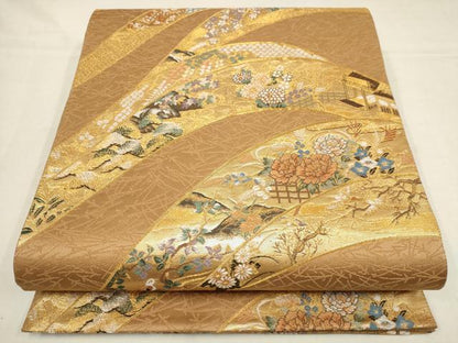 平和屋着物▼六通柄袋帯 草花文 金糸 正絹 逸品 AAAX4752wj